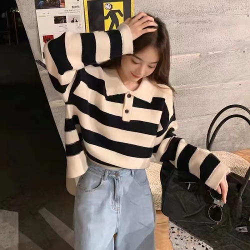 Air striped sweater early autumn new women's college style loose polo shirt all-match long-sleeved top pullover sweater