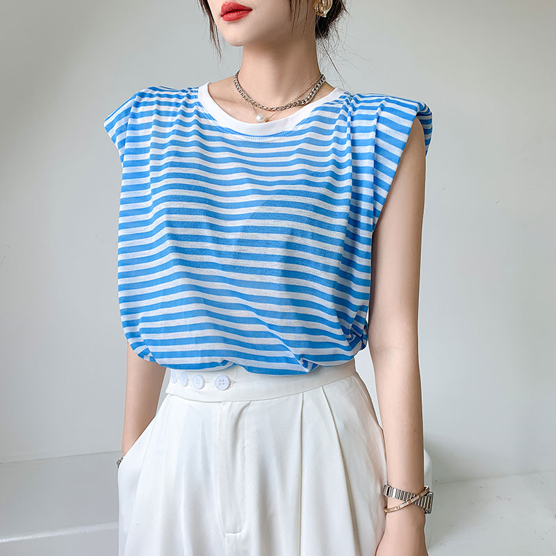 Real shoulder T-shirt women's Europe 2021 new summer fashion right angle shoulder pad sleeveless striped top