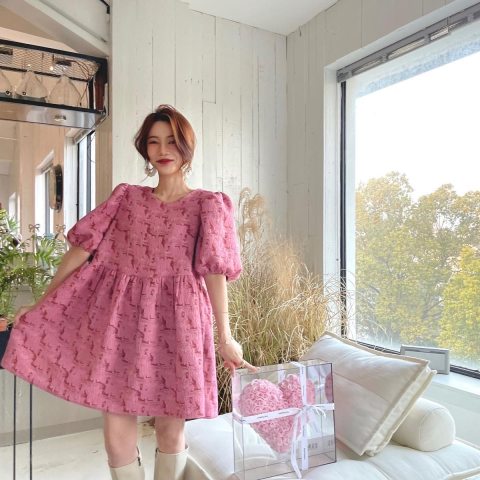 Summer new French retro super fairy sweet Palace Korean temperament pink bubble sleeve minority princess skirt