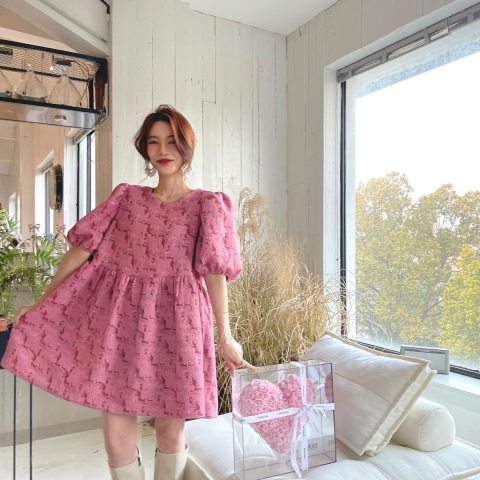 Summer new French retro super fairy sweet Palace Korean temperament pink bubble sleeve minority princess skirt