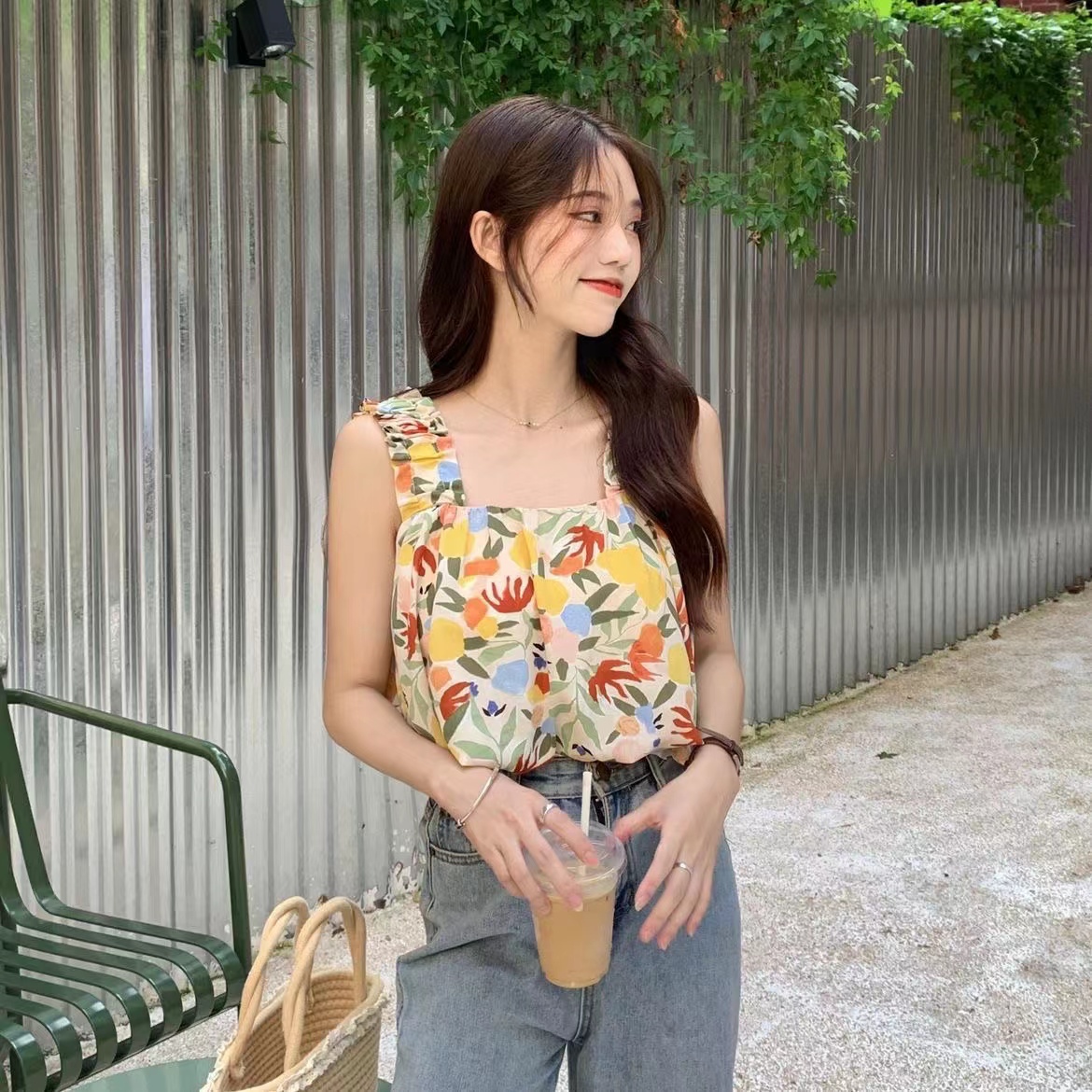 Floral Sleeveless Camisole Doll Shirt Women's Summer One Shoulder Temperament Sweet Sexy Short Chic Top
