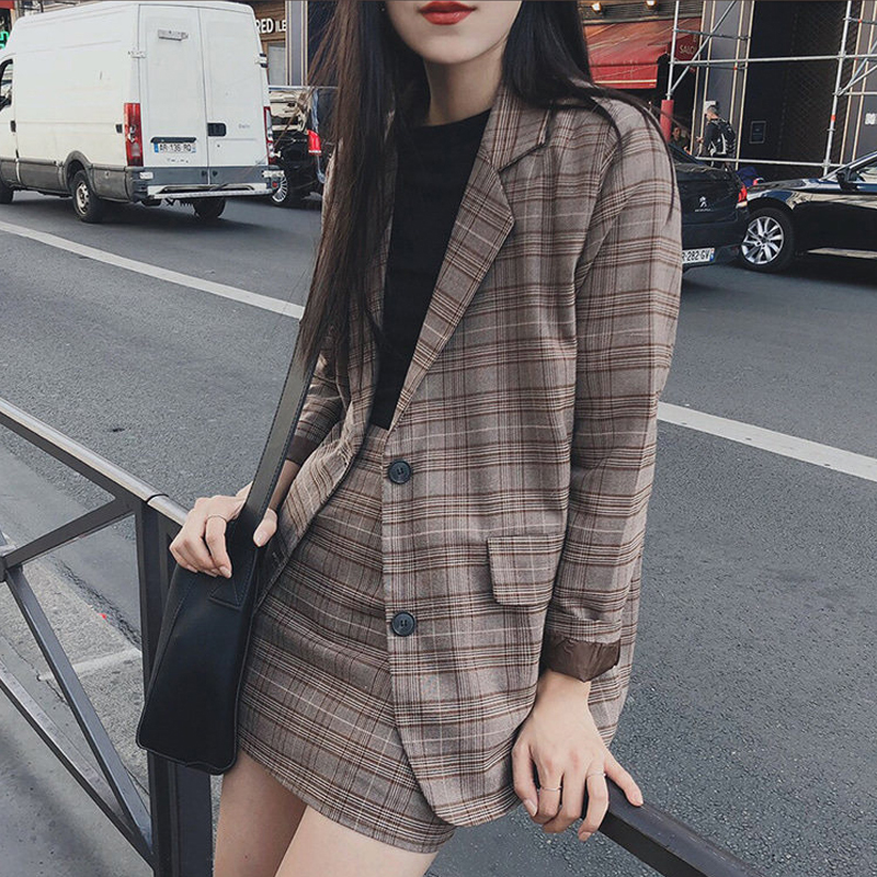Korean chic autumn classic retro plaid suit jacket fashionable western style suit short skirt skirt two-piece set