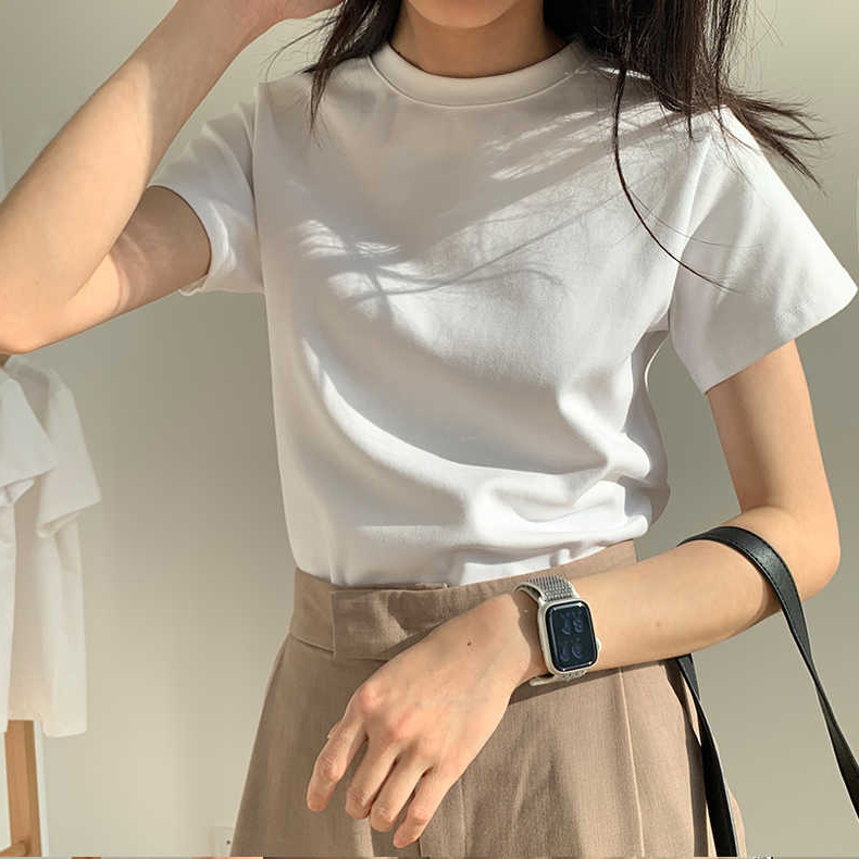 Pure cotton back bag collar plus size women's 2023 spring and summer new loose solid color short-sleeved T-shirt