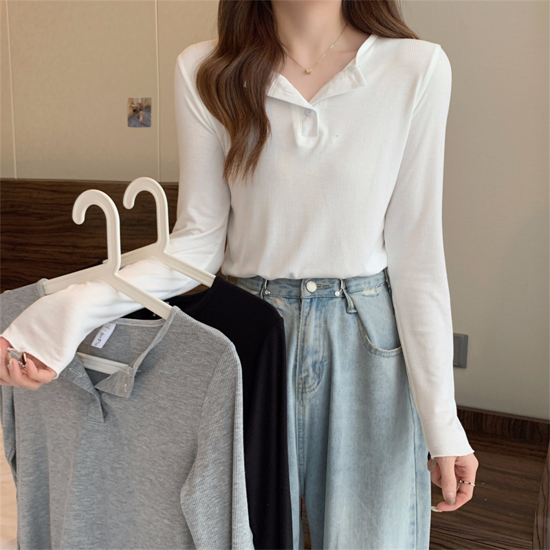 2022 autumn Korean version all-match mass casual 92% cotton 8% spandex threaded long-sleeved T-shirt women's bottoming shirt