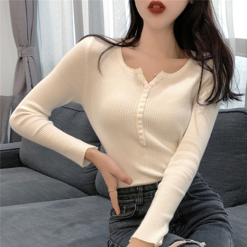 Autumn Korean chic versatile V-Neck long sleeve Pullover bottomed sweater slim and thin elastic T-Shirt Top Women