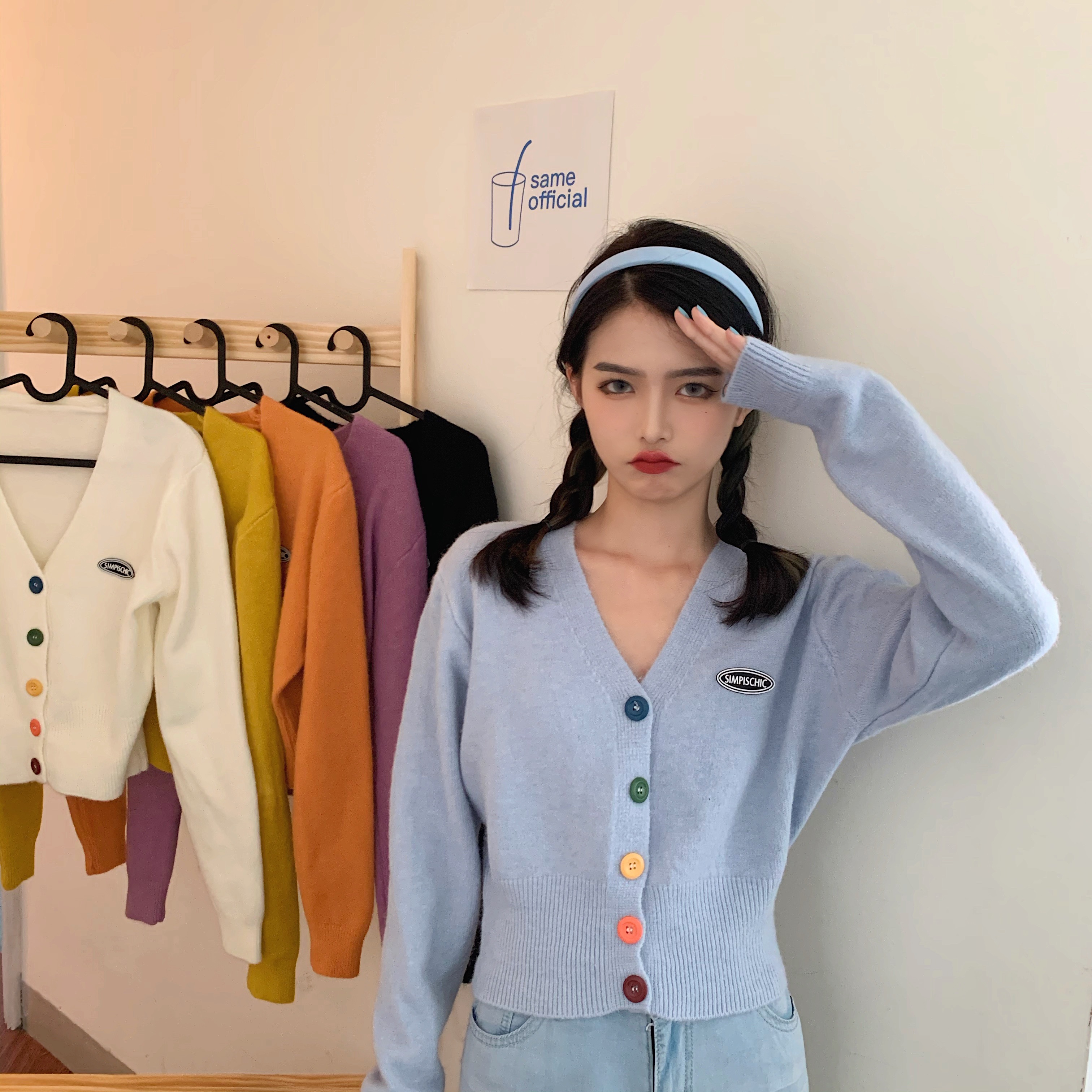 Fashion korea chic sweet color button V-Neck long sleeve knitted cardigan women's early autumn short coat fashion