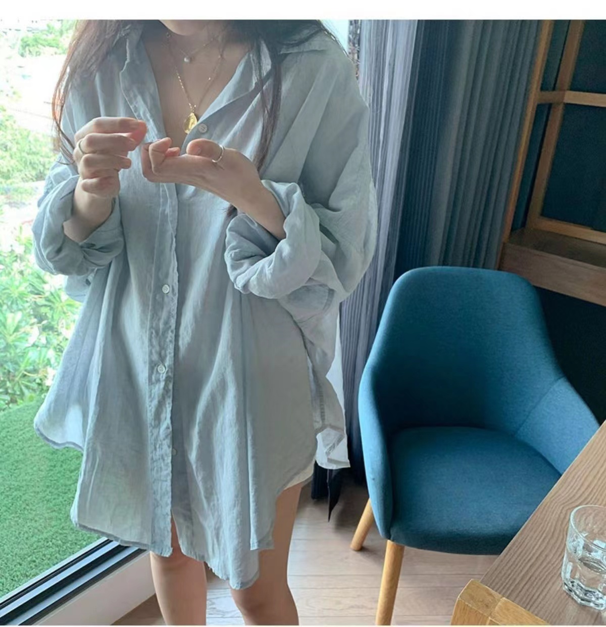 2022 new shirt women's summer thin lazy wind blue gray medium long loose long sleeved sunscreen Shirt Top