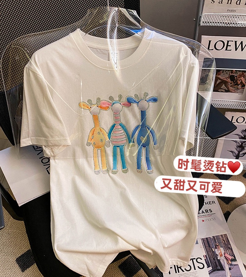 2022 short sleeve T-shirt women's summer hot diamond design round neck loose top