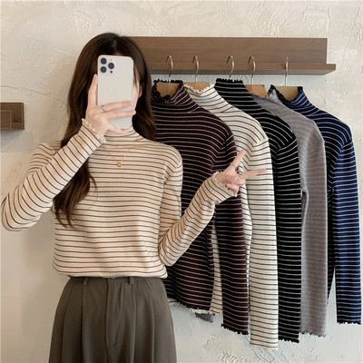 Double sided German velvet striped half high neck with wood ear edge bottoming shirt and versatile foreign style top inside
