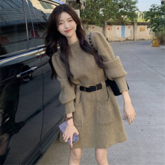 Puff sleeve knit dress women's autumn and winter with coat waist slimming A-line bottoming skirt cashmere