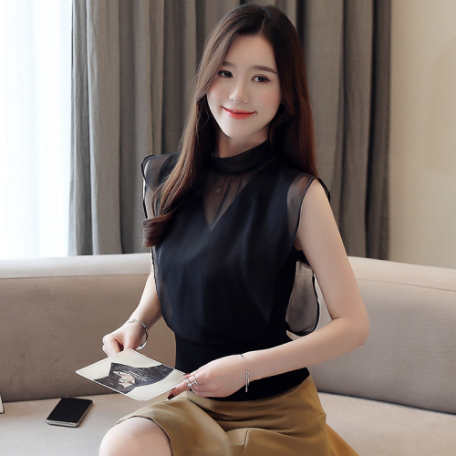 Real time flying sleeve style summer Organza soft skin friendly stand collar black thin Chiffon Top