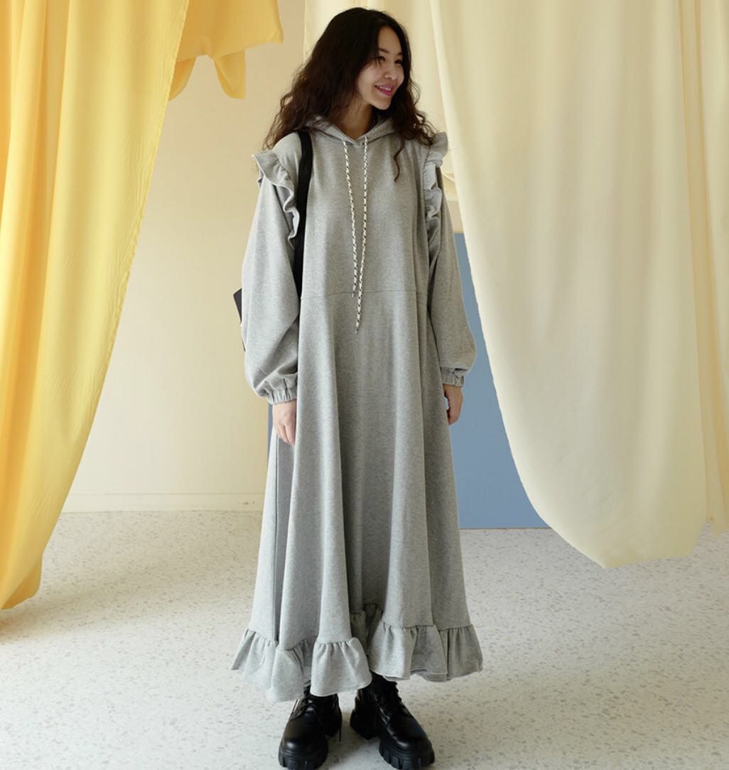 Korean Short Sleeve hooded long sweater dress with wooden ear edge