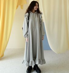 Korean Short Sleeve hooded long sweater dress with wooden ear edge