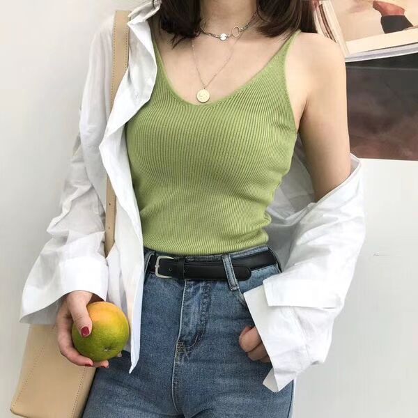 Chic knitted small suspender women's suit with bottomed vest inside ins net red slim sleeveless T-shirt outside in summer