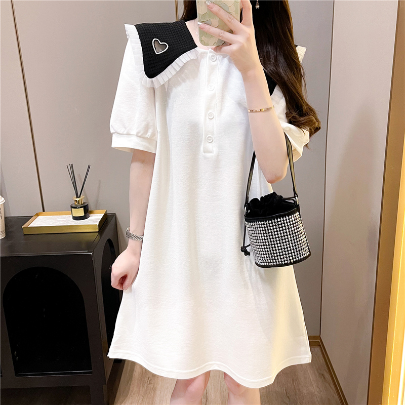 Official figure pearl ground cloth summer 2022 design sense small fresh doll neck short sleeve T-shirt skirt women