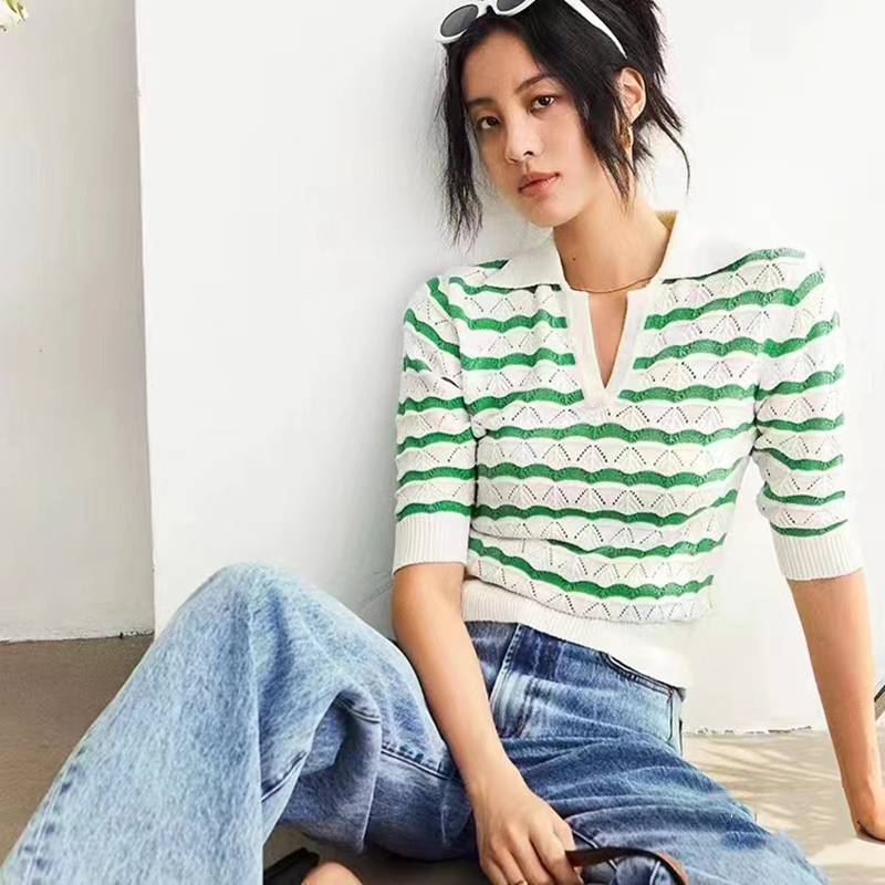 French Small Fresh Contrast POLO Neck Wave Stripe Hollow V-Neck Knitted Jacket Short Sleeve