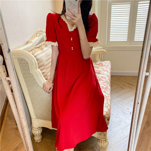 Real shot real price ~ French retro dress women summer new V-neck bubble sleeve red skirt