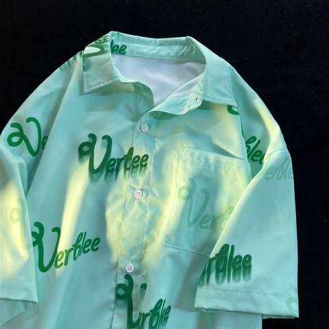 Printed green shirt women's short sleeve ins fashion design sense of minority half sleeve couple chic Hong Kong style top
