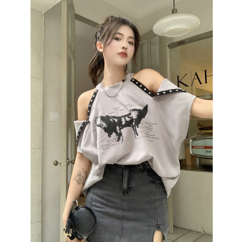 Net red European detachable shoulder sleeve printed short sleeve T-shirt women wear more design casual top fashion