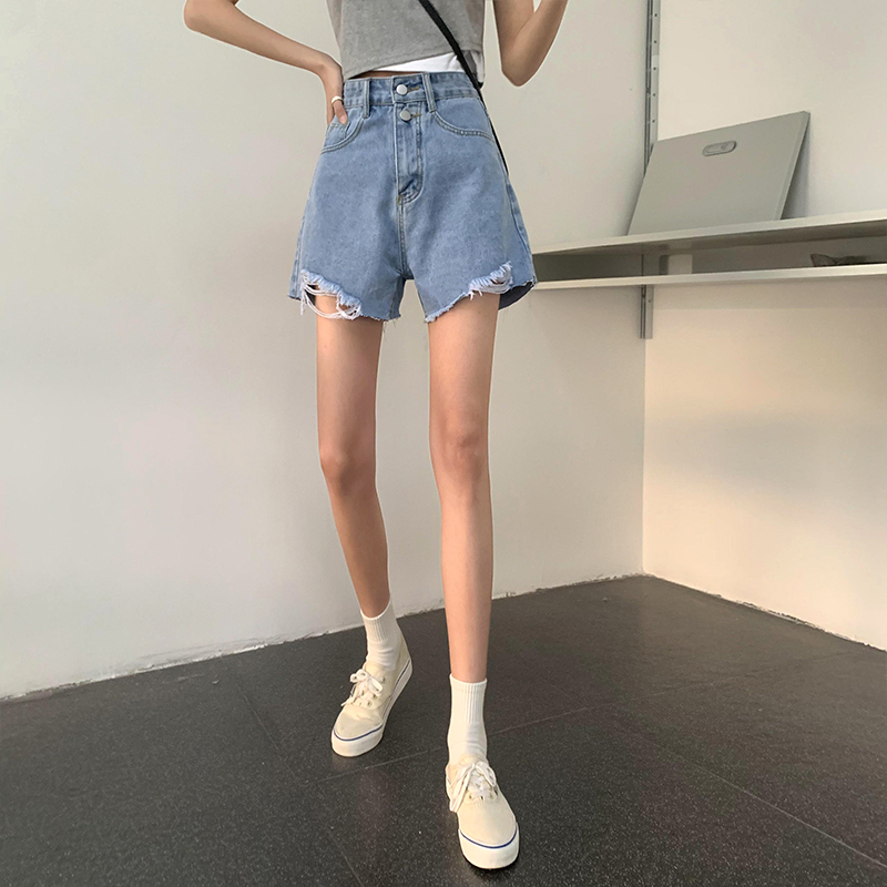 Real shot of hot girls high waist denim shorts women's summer thin section new net red loose a word five points hot pants trendy ins