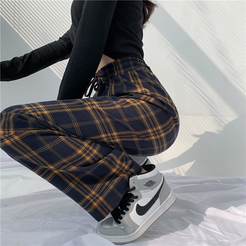 2023 spring and summer plaid large size fat pants women's high waist loose straight tube drape slim casual wide leg trousers