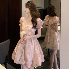 Original fabric + lining sweet super fairy temperament fairy skirt square collar short dress female 2023 summer new style