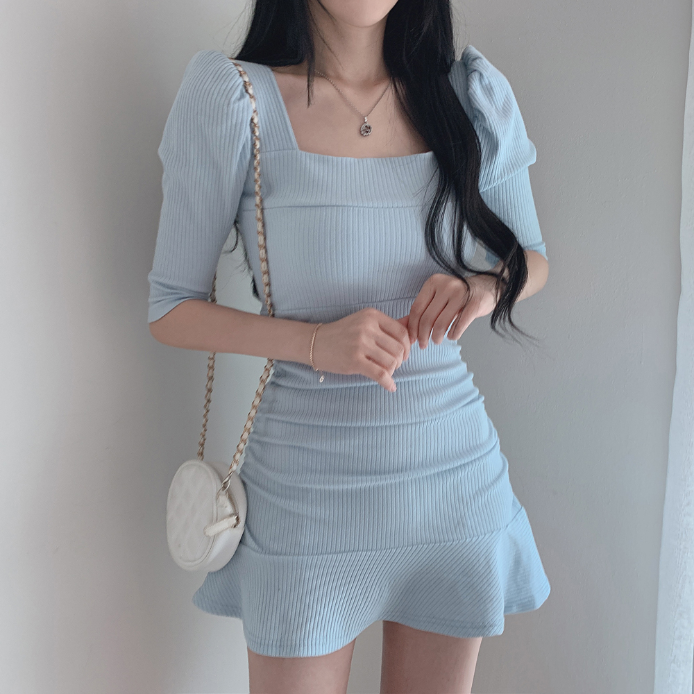 Korean chic summer sweet temperament square collar exposed collarbone slimming puff sleeve hip short dress for women