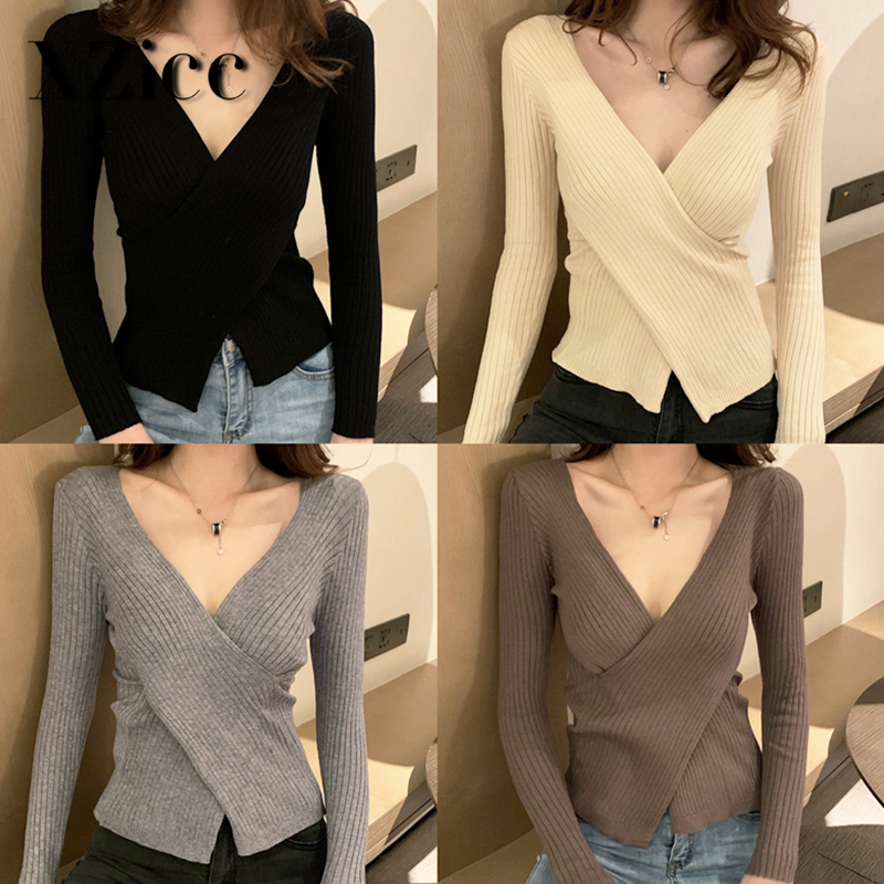 Women's new spring dress 2020 with long sleeve cross V-Neck Sweater and sexy slim knit top