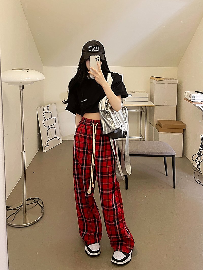 Real shot spring and summer red plaid pants women's straight pants wide leg pants women's casual pants women