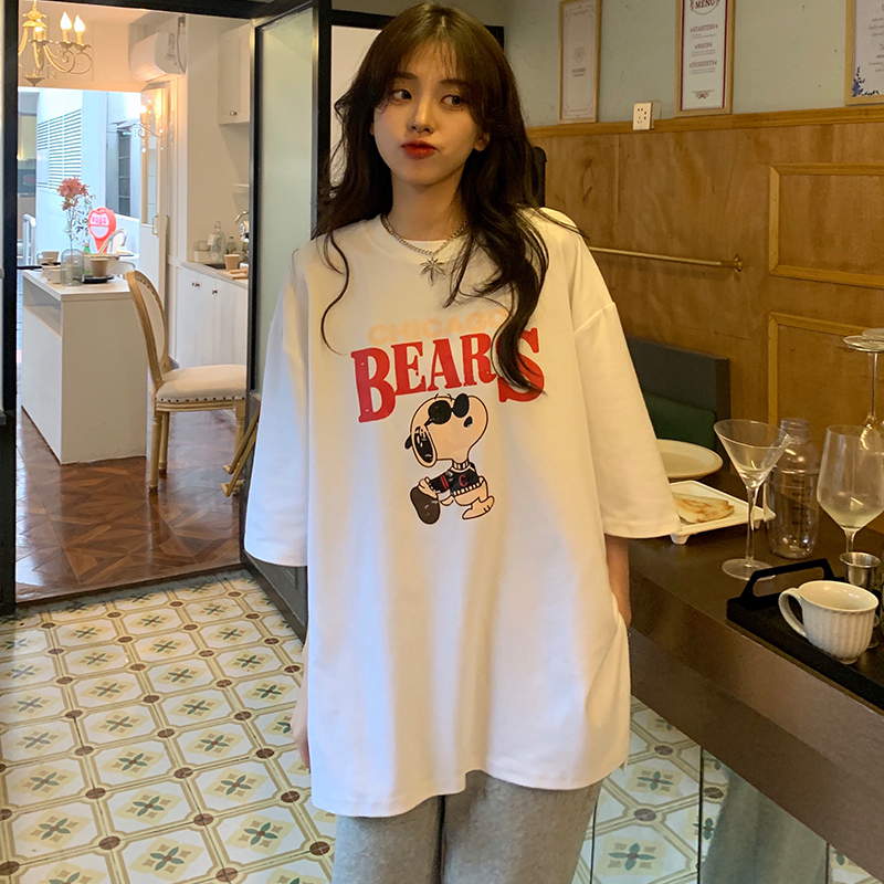Net price 180g pure cotton 2023 early spring new American style retro letter cartoon printing round neck half sleeve loose T-shirt