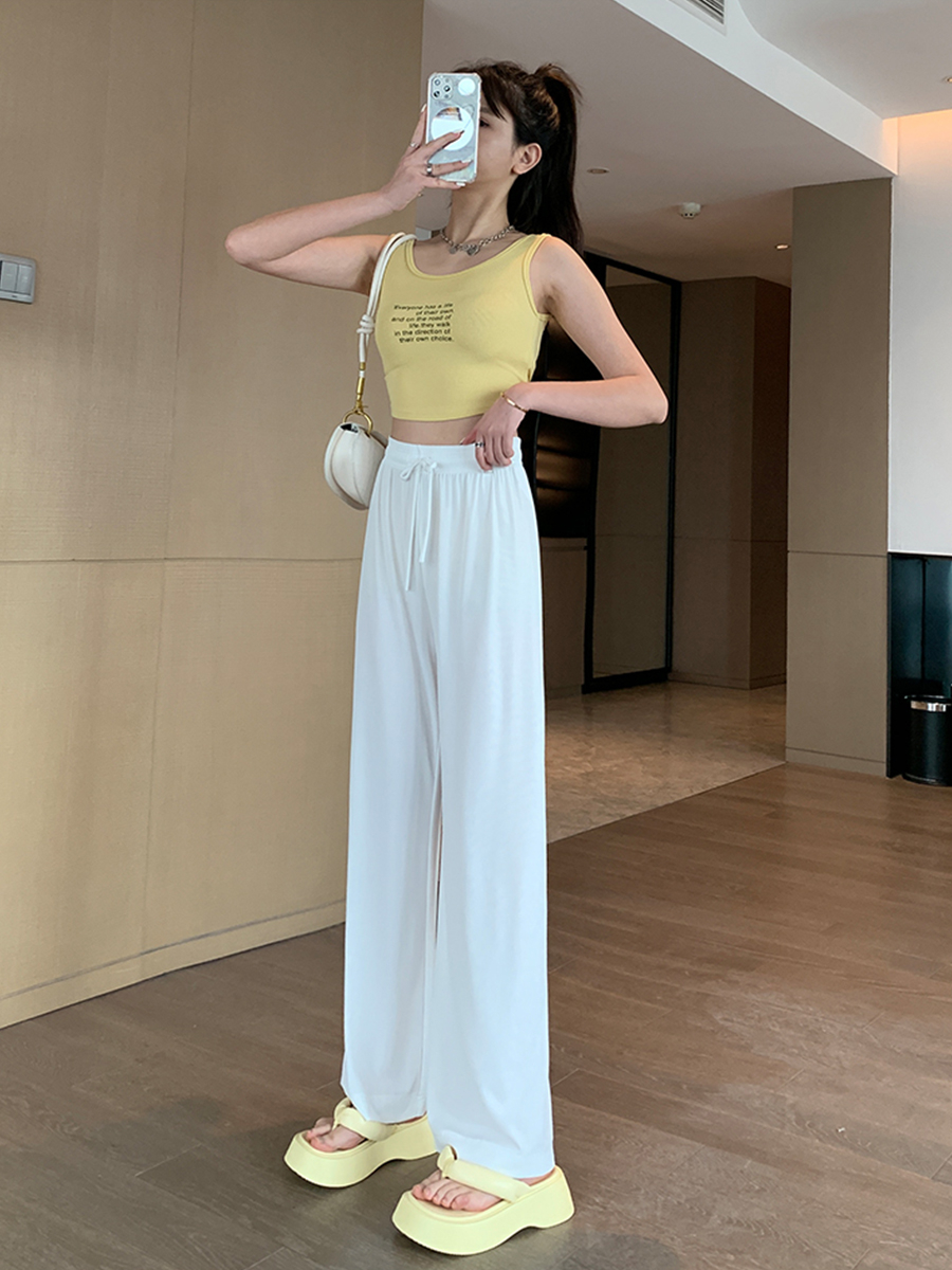 Ice silk wide leg pants women's summer thin high waist hanging feeling small black straight tube Chiffon pants cool summer pants