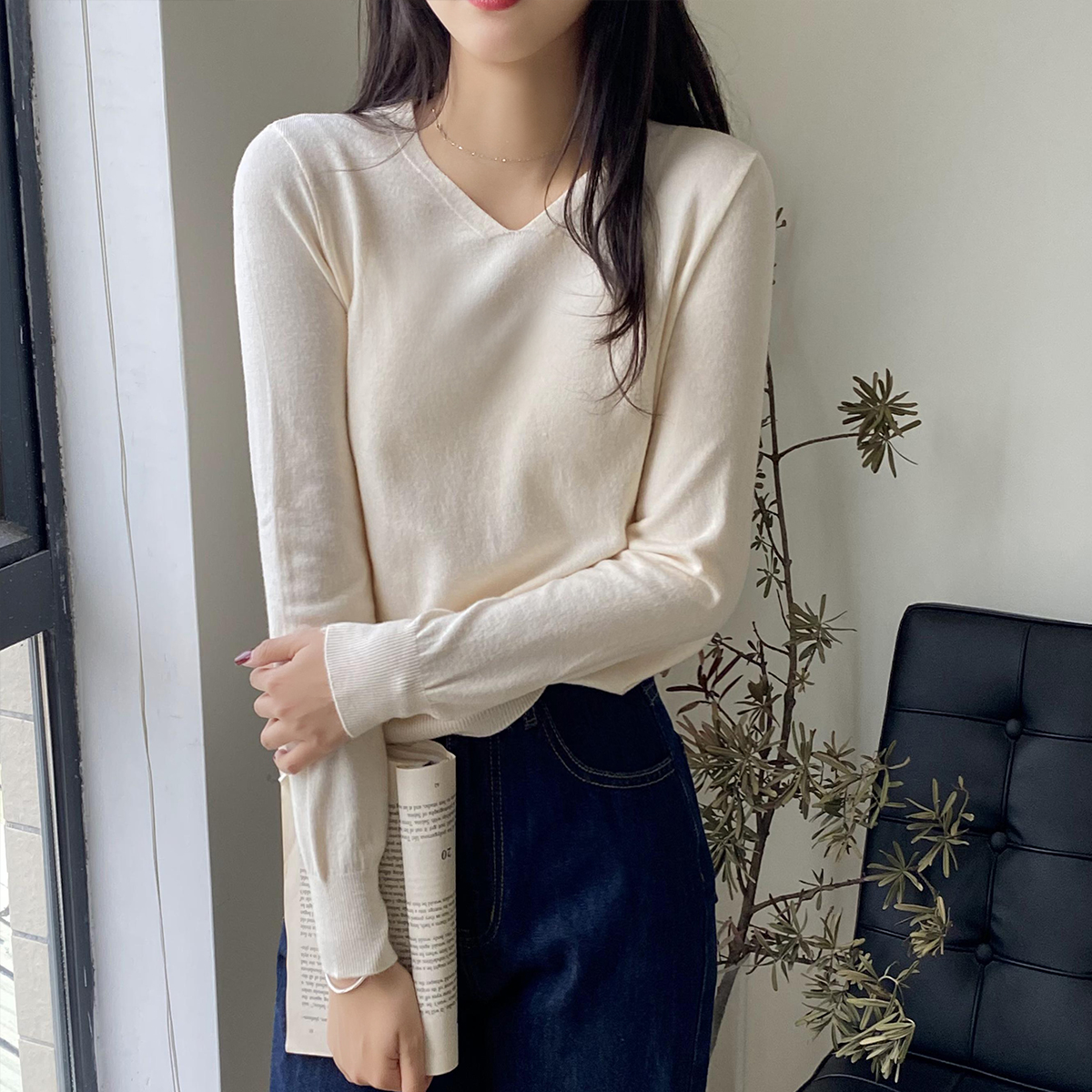 Real price real shooting autumn and winter loose V-Neck Sweater women's inner long sleeve lazy sweater bottomed shirt