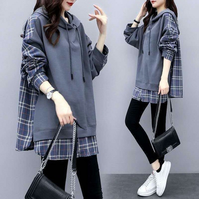 Fashion super hot new fake two-piece sweater women's ins hooded autumn women's Korean version loose plus size women's mother's clothing