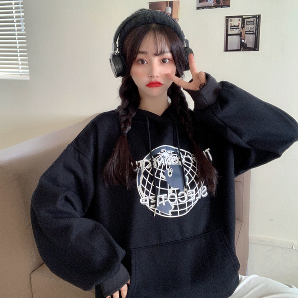New winter hooded Plush sweater women's loose cartoon printed pocket coat