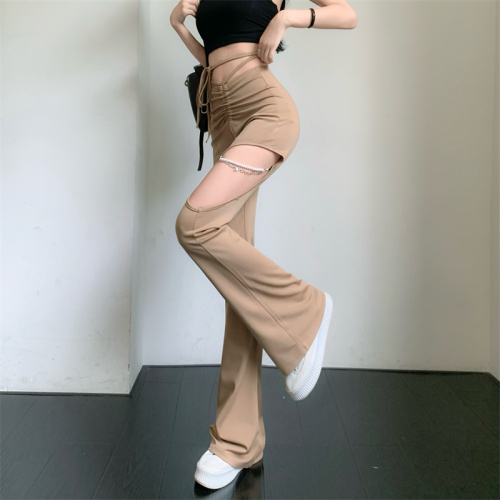 Real shot real price bead chain new high waist pleated lace up micro flare pants design feeling hollow elastic casual pants