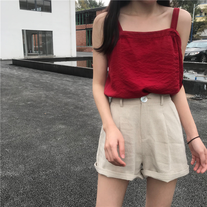 Real photo real price high waist elastic waist button short word wide leg pants casual pants women