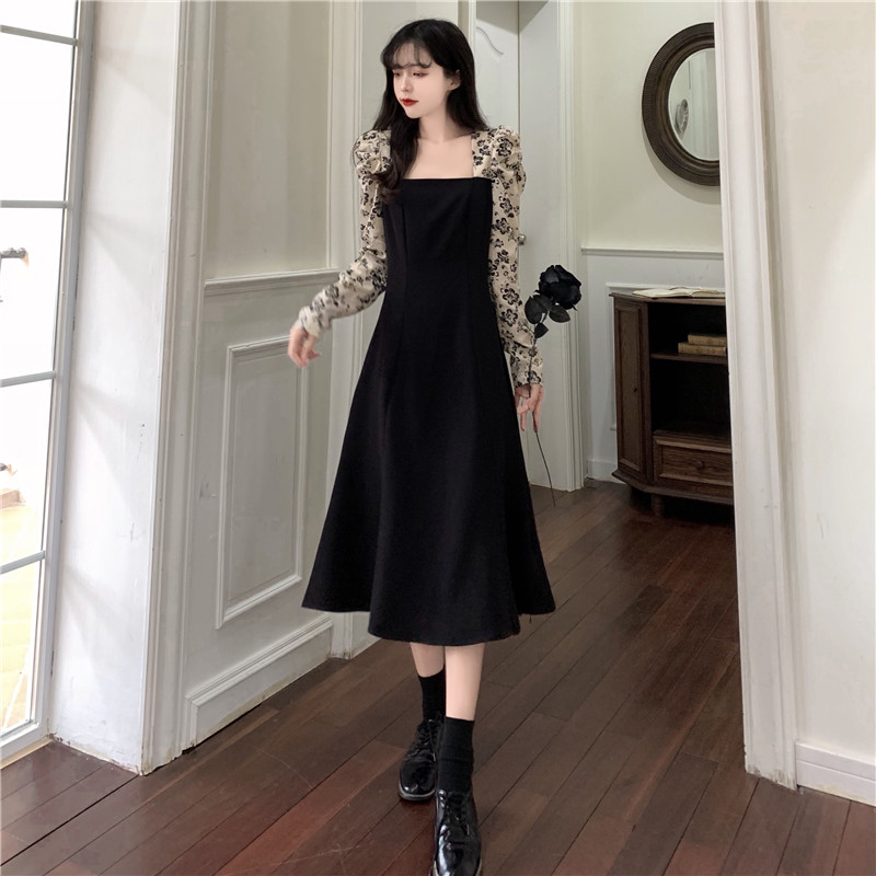 French square neck patchwork floral dress autumn and winter 2021 Hepburn style waist closing temperament goddess fishtail skirt trend