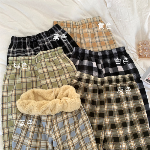 Real price black and white plaid pants women's autumn and winter new lamb cashmere wide leg pants high waist straight casual pants