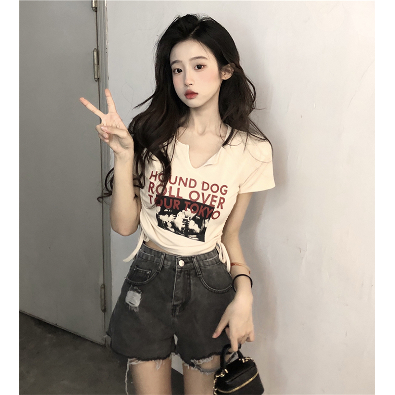Official picture 6535 pull frame cotton sweet hot girl letter printing short midriff top summer bm drawstring V-neck