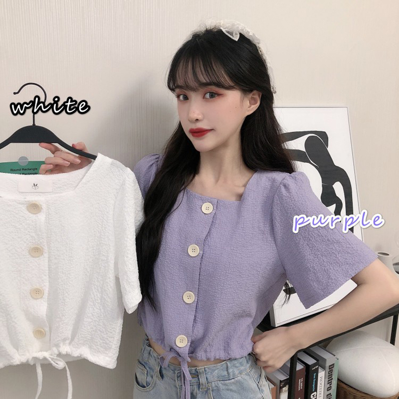 Net red square neck French Bubble Sleeve White Short Sleeve Shirt women's design sense minority short style foreign style top spring and summer