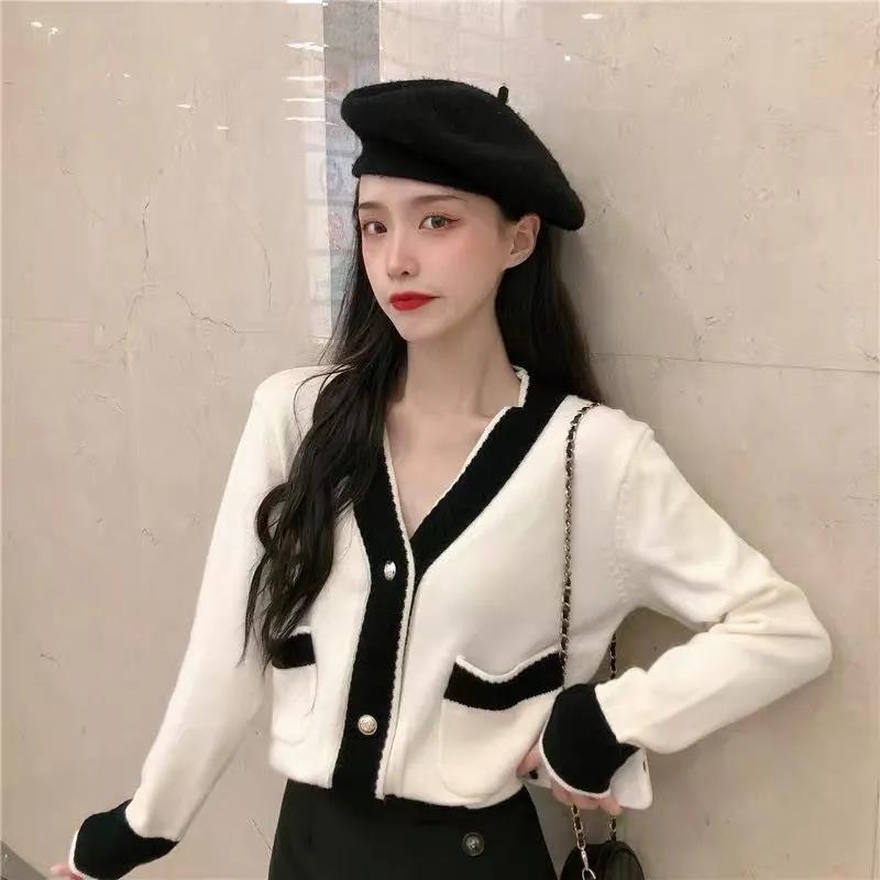 Official picture collar long sleeve knitted cardigan women's blouse new style pocket loose outer Sweater Jacket Women