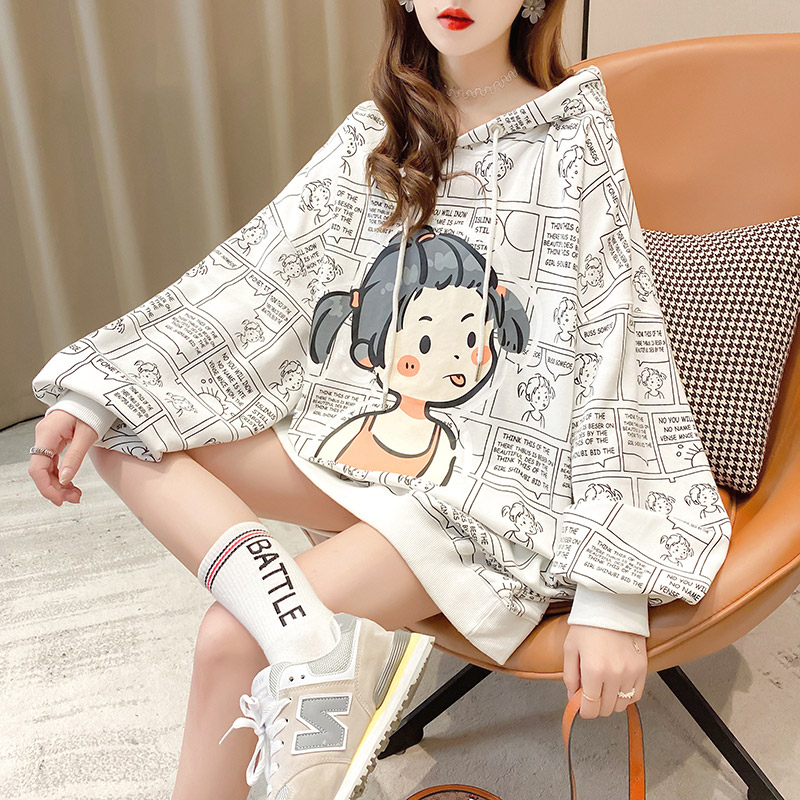 Real shot 2021 spring Korean loose cotton hooded cartoon print medium length large women's thin sweater