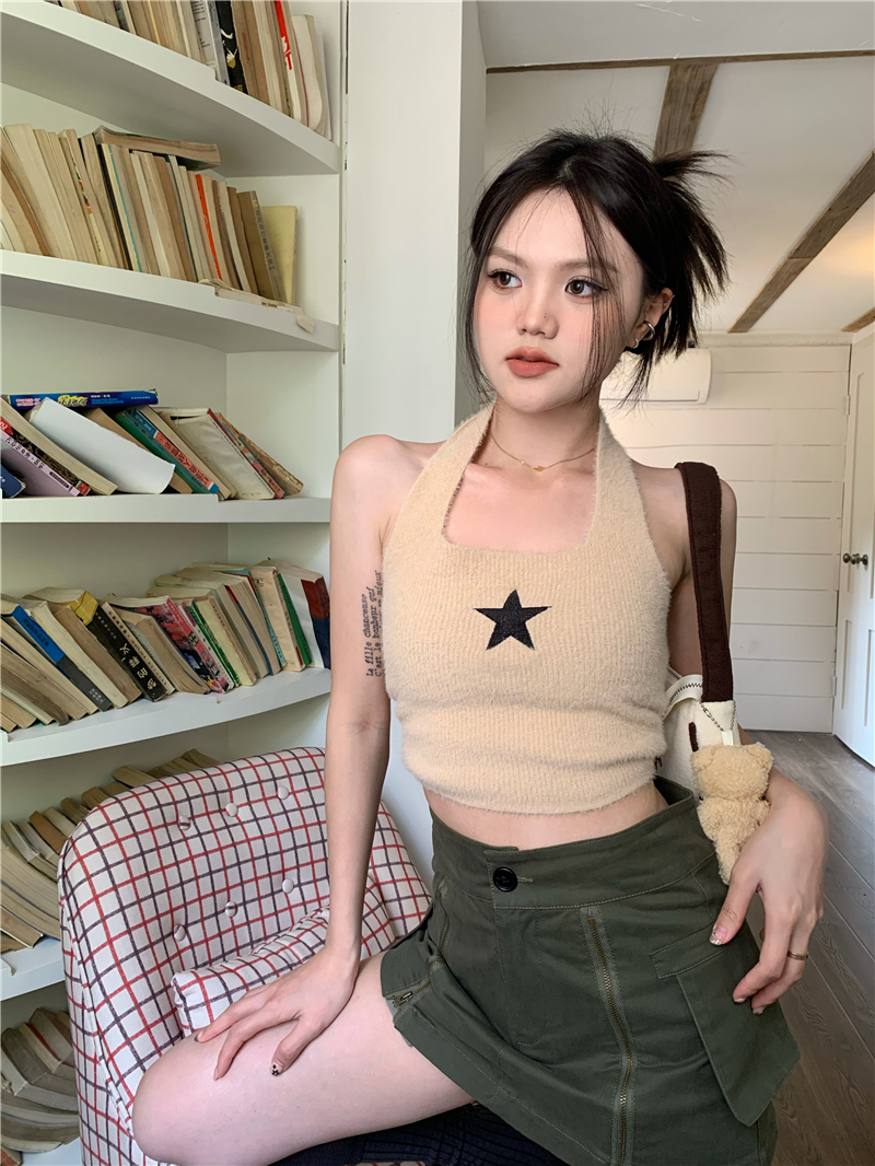 Real price real price soft waxy hair star embroidery hanging neck short vest strap