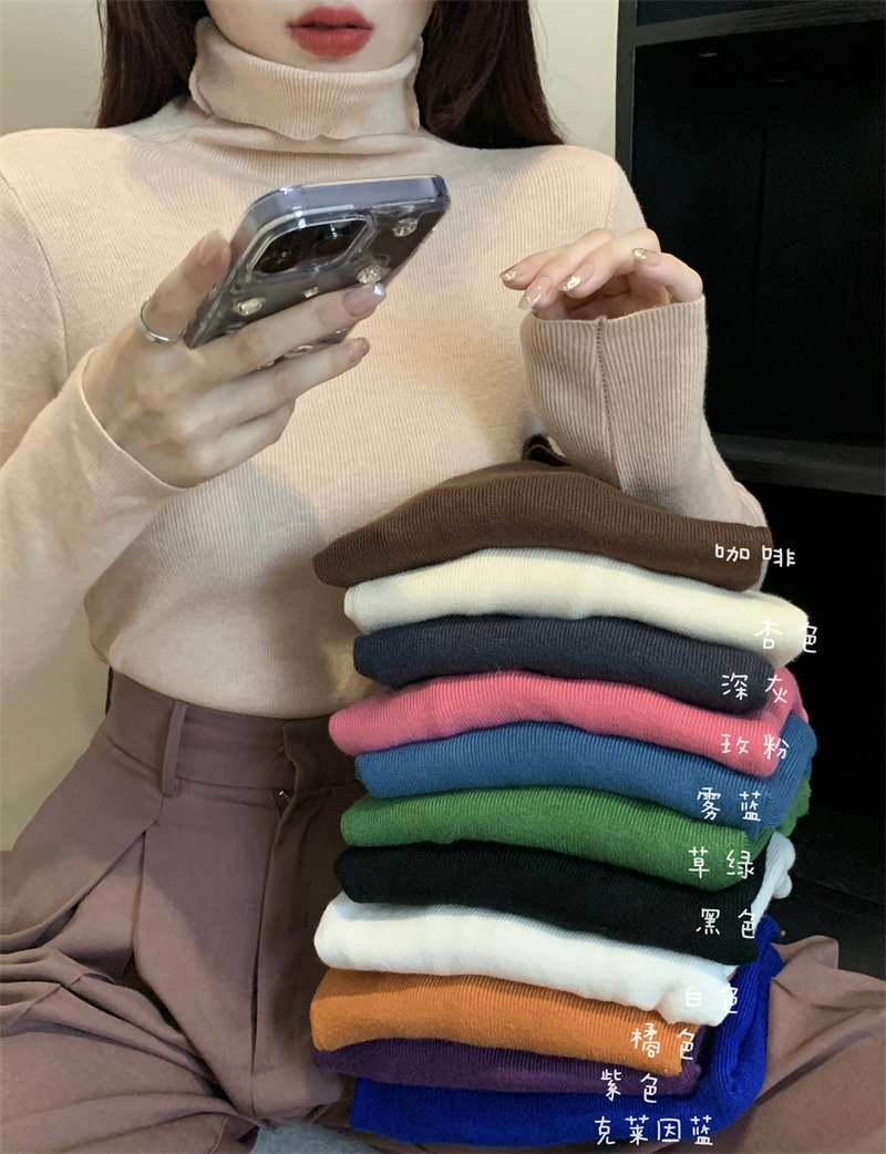 Autumn and winter new high-neck pullover long-sleeved thin solid color casual simple knitted bottoming shirt top