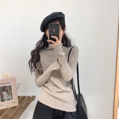 The lemon high neck T-shirt women's Korean version candy color push collar slim long sleeve Pullover Top