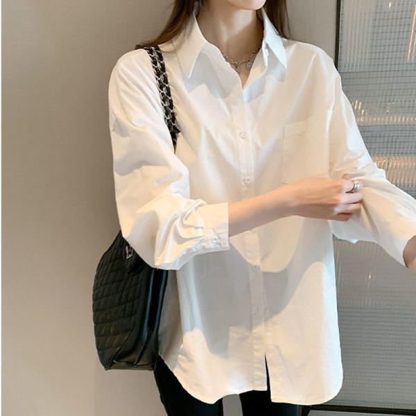White shirt women's 2022 spring dress new Korean commuter design sense of minority coat light cooked wind with long sleeved shirt