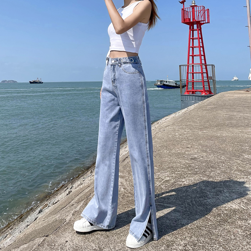 Real time adjustment jeans women's 2022 spring new high waist thin straight tube floor dragging wide leg bifurcated micro flare pants