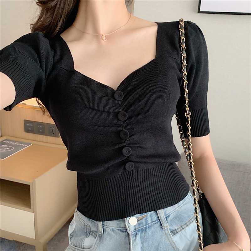 Real price leaky clavicle sexy low cut V-neck ice cool silk knitted top with backing