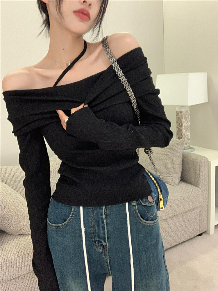 2022 new early autumn one-shoulder textured temperament high-quality long-sleeved off-the-shoulder top