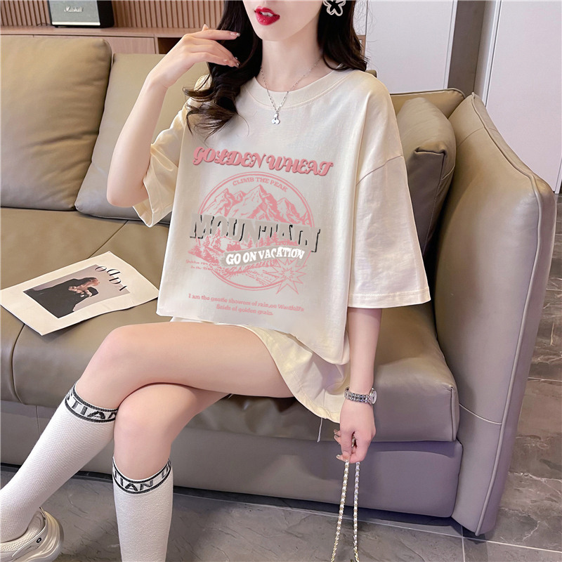 Real price pure cotton back bag printed short-sleeved t-shirt women's loose large size top